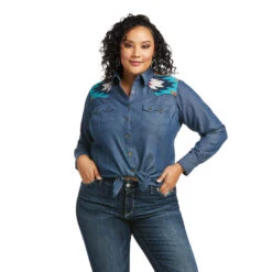 Ariat Ladies REAL Vivacious Indigo Denim Button Down Shirt 10037584 8 Ariat Ladies REAL Vivacious Indigo Denim Button Down Shirt 10037584 -Western Cowboy Equipment Store 10037584 front plus