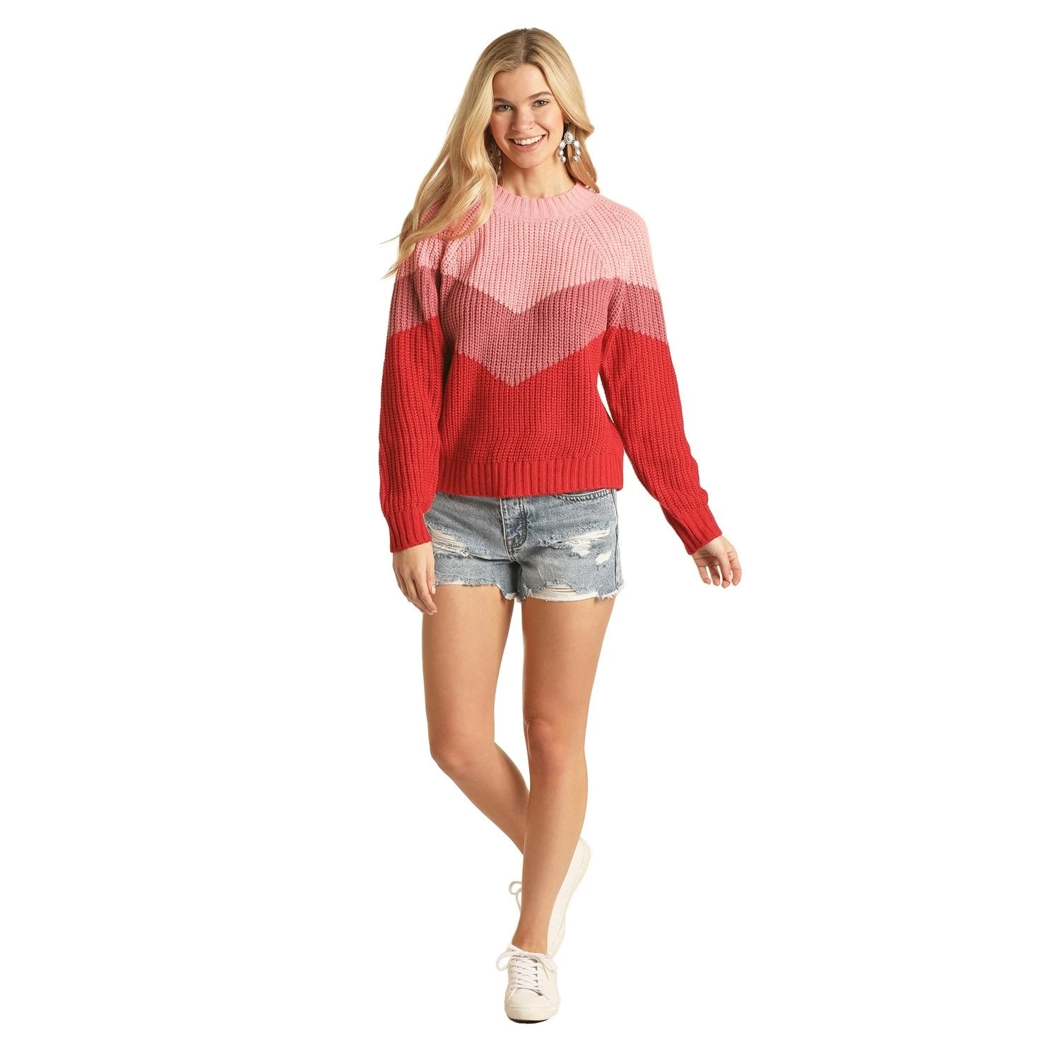 Rock & Roll Cowgirl® Ladies Red Chevron Colorblock Sweater 46-3218 1 Rock & Roll Cowgirl® Ladies Red Chevron Colorblock Sweater 46-3218
