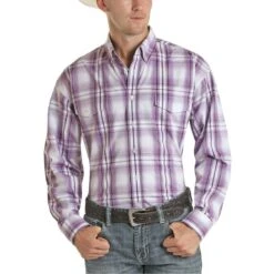 Panhandle Select Mens Lilac Poplin Plaid Button Down Shirt 36D5021