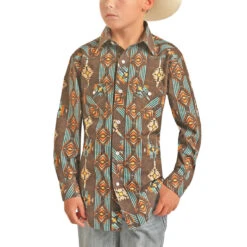 Rock & Roll Denim Boy's Aztec Print Dark Brown Snap Shirt B8S3321