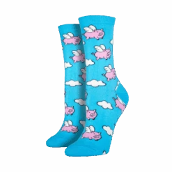 Sock Smith Ladies When Pigs Fly Sky Blue Crew Socks SSW1355