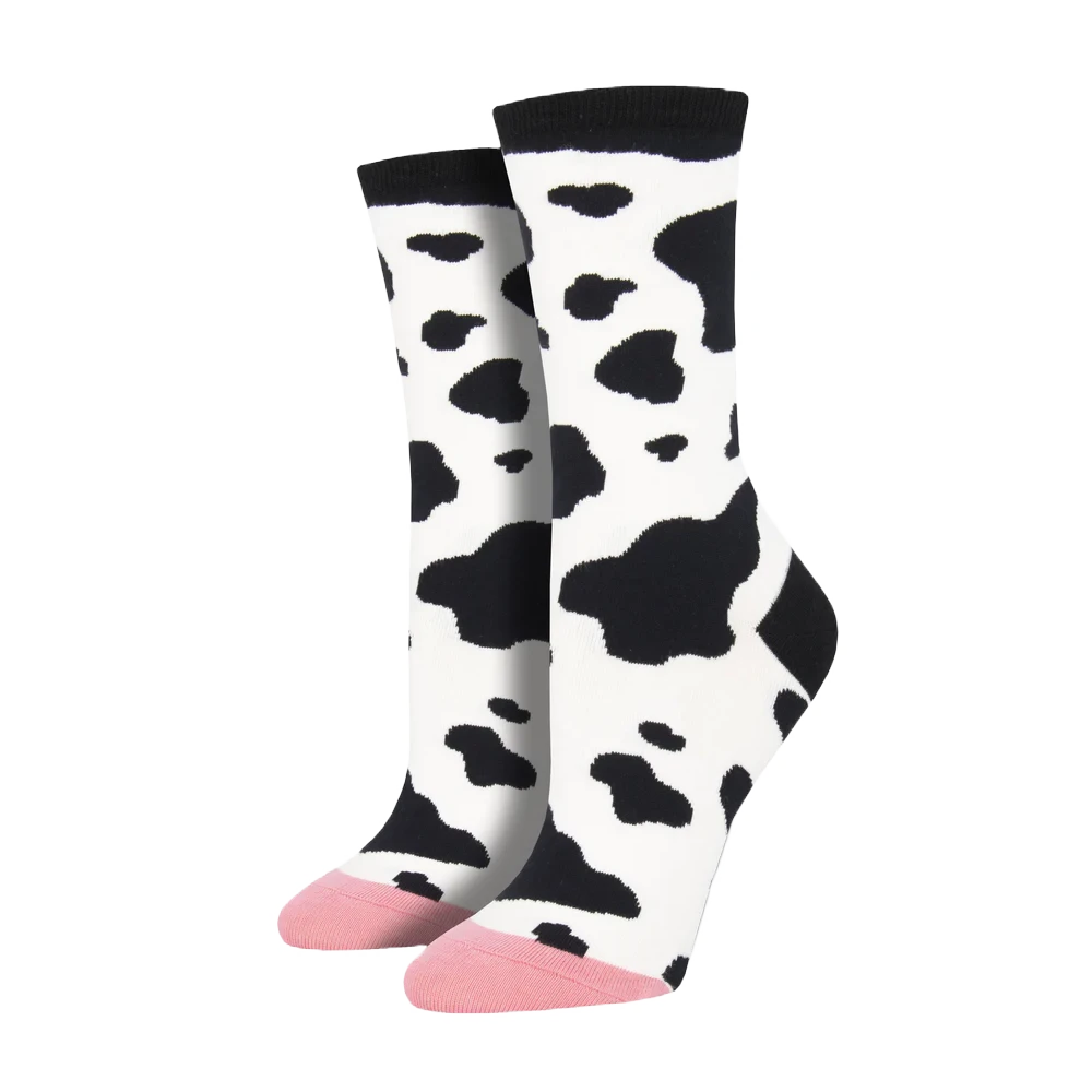 SockSmith Ladies MOOOO! Cow Print Crew Socks WNC1886-WHI 1 SockSmith Ladies MOOOO! Cow Print Crew Socks WNC1886-WHI