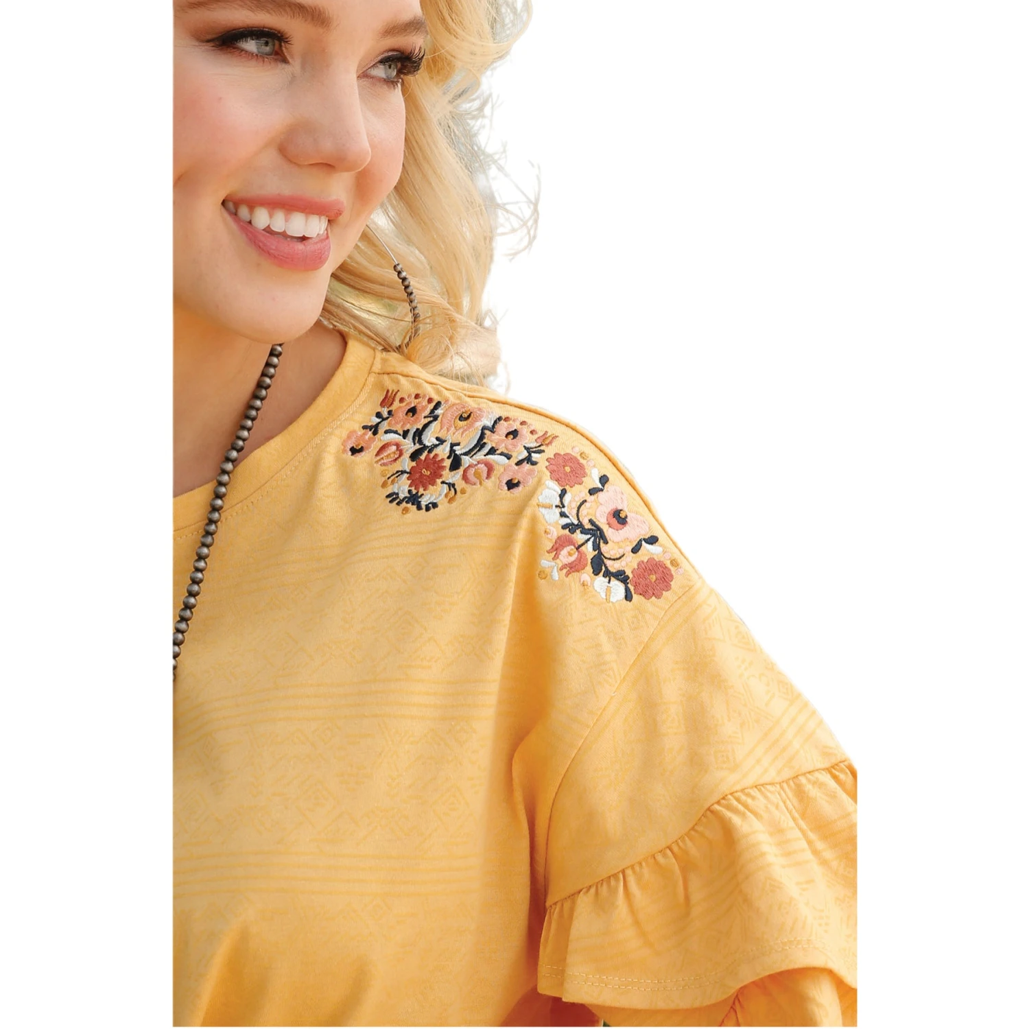 Cruel Denim Ladies Floral Embroidered Yellow Knit Shirt CTK7255002 2 Cruel Denim Ladies Floral Embroidered Yellow Knit Shirt CTK7255002 - Image 2