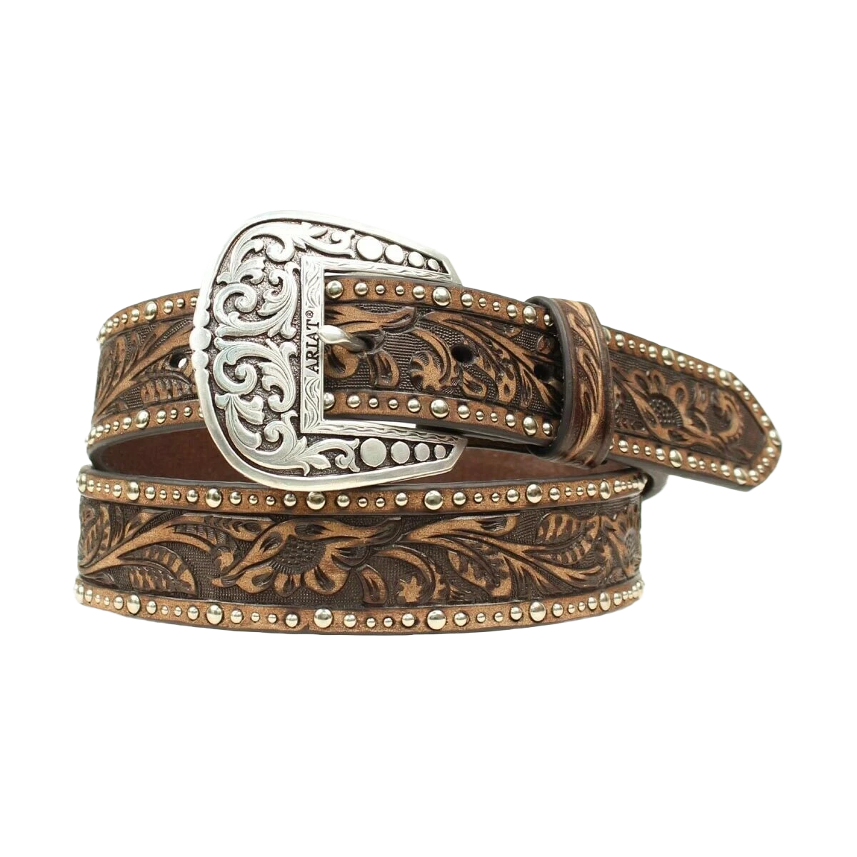 Ariat Ladies Floral Tooled & Studded Leather Belt A1513802 1 Ariat Ladies Floral Tooled & Studded Leather Belt A1513802