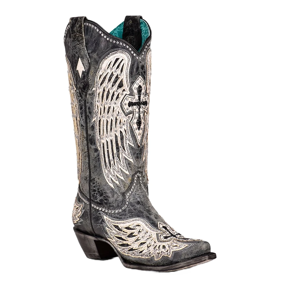 Corral Boots Corral Ladies Black Cross & Wings Overlay & Studs Grey Boots A4232 1 Corral Boots Corral Ladies Black Cross & Wings Overlay & Studs Grey Boots A4232
