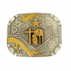 Nocona Mens Silver & Gold Praying Cowboy Ribbon Belt Buckle 37402