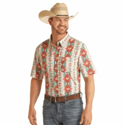 Panhandle Performance® Orange Aztec Printed Button Down Shirt PPMS1DRZ70-93