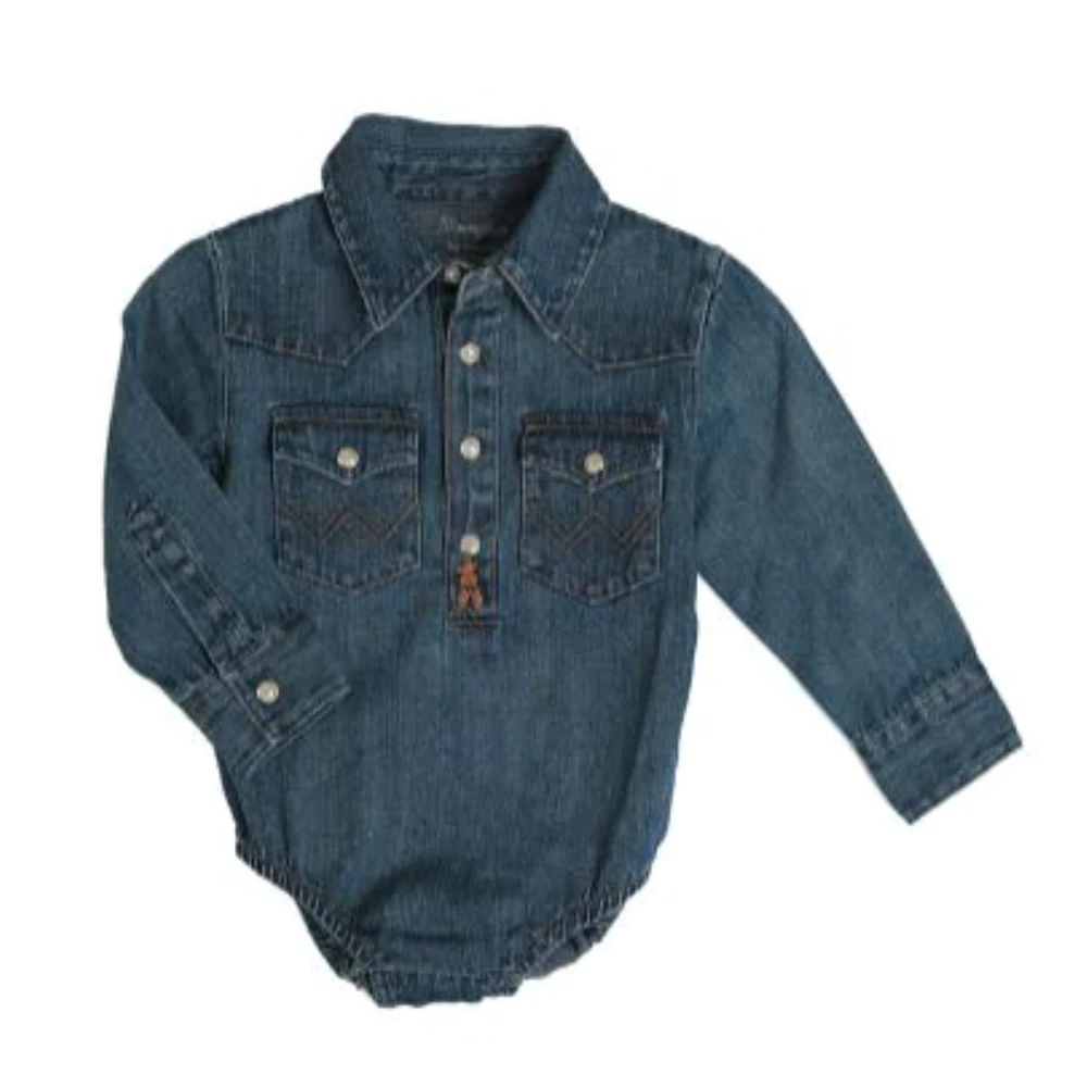 Wrangler® Infant Western Dark Blue Denim Snap Button Onesie PQ4165D 1 Wrangler® Infant Western Dark Blue Denim Snap Button Onesie PQ4165D