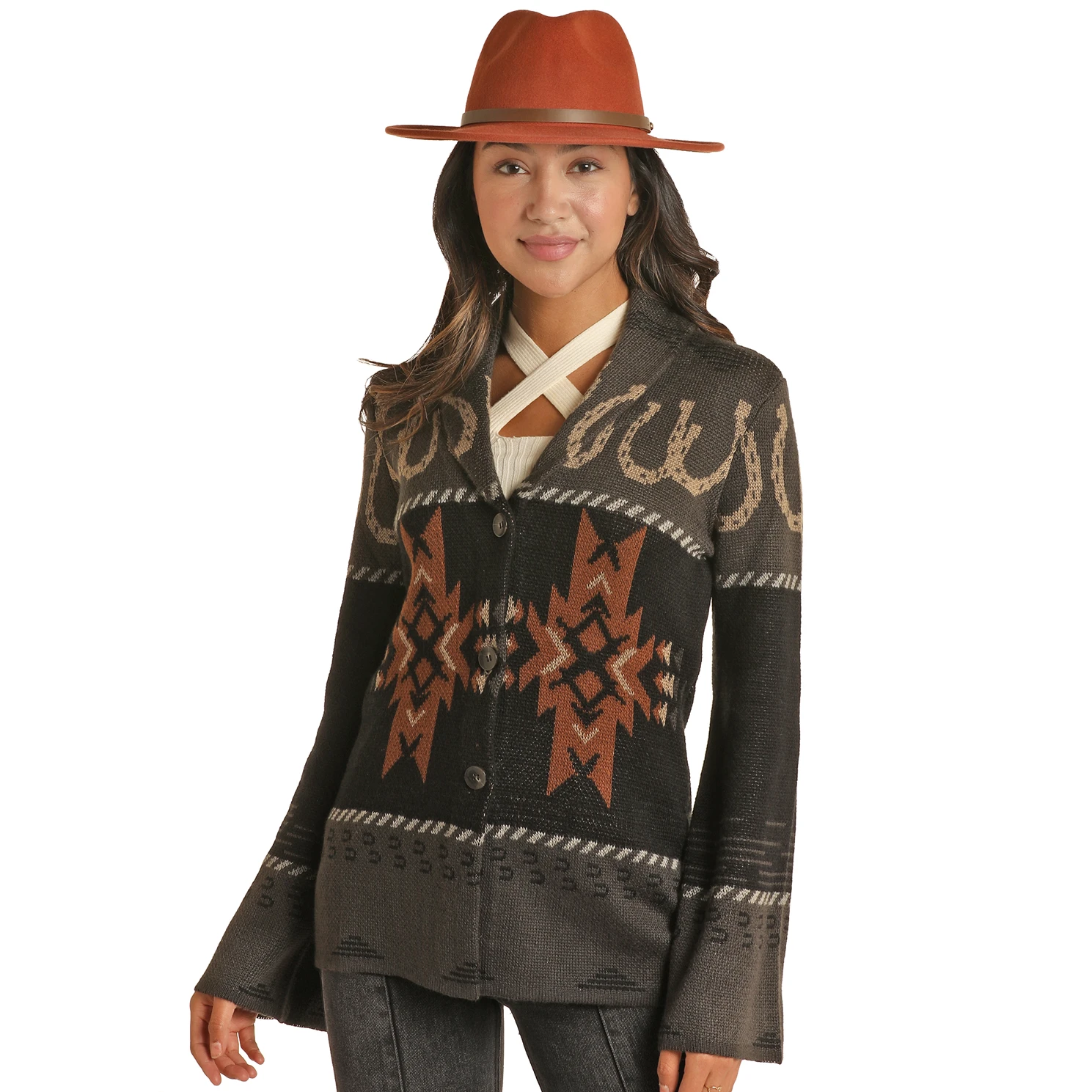 Powder River Ladies Horseshoe & Aztec Black Knit Cardigan PRWO95RZXC-01 1 Powder River Ladies Horseshoe & Aztec Black Knit Cardigan PRWO95RZXC-01
