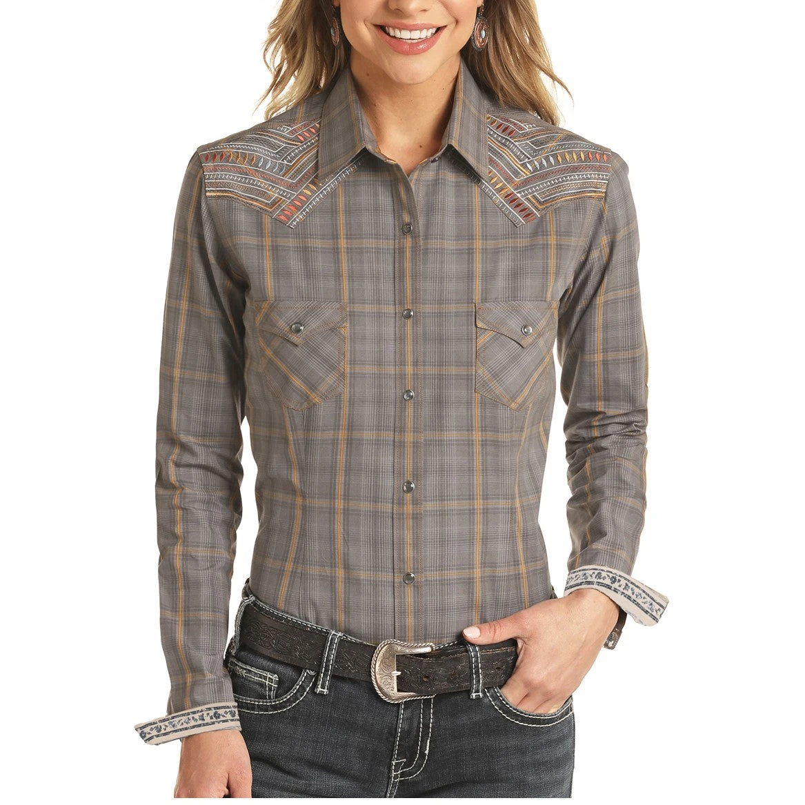 Panhandle Rough Stock Ladies Dobby Plaid Dark Grey Snap Shirt R4S1230 1 Panhandle Rough Stock Ladies Dobby Plaid Dark Grey Snap Shirt R4S1230