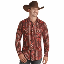 Rock & Roll Cowboy Men's Burgundy Aztec Snap Shirt RRMSOSRZ1K-62