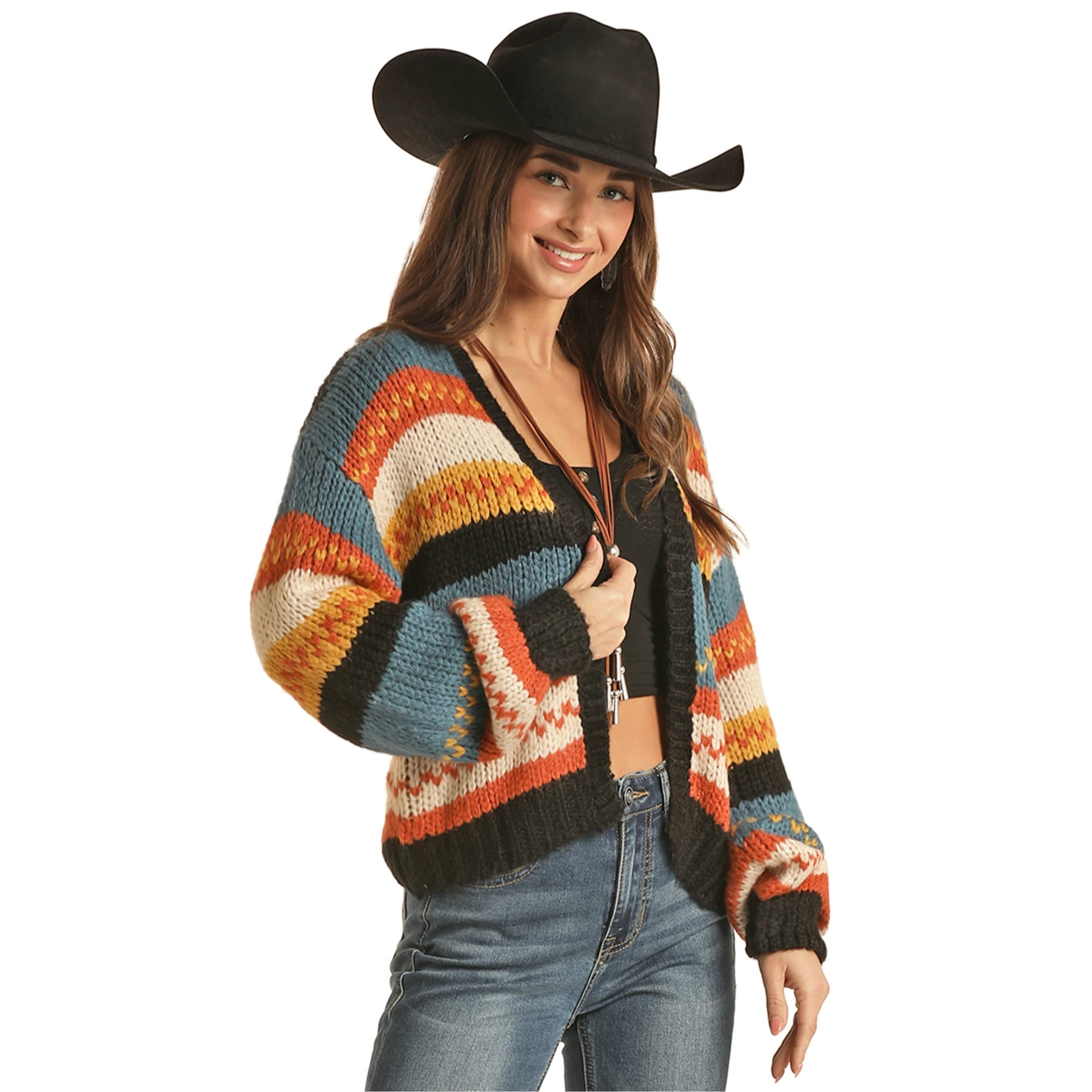Rock & Roll Cowgirl Ladies Stripe Knit Open Cardigan RRWT95R04U-90 1 Rock & Roll Cowgirl Ladies Stripe Knit Open Cardigan RRWT95R04U-90
