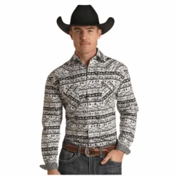Rough Stock® Men's Geometric Print Black Snap Shirt RSMSOSRYTT-05