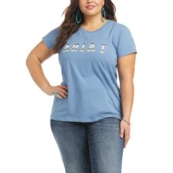 Ariat Ladies Real Cheetah Logo Blue T-Shirt 10036194 -Western Cowboy Equipment Store S21 WMS WEST 10036194 front plus