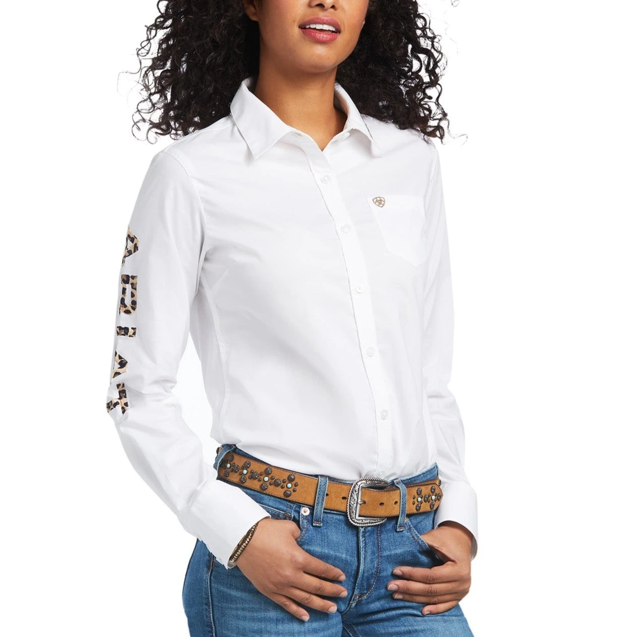 Ariat Ladies Team Kirby White & Leopard Button Down Stretch Shirt 10039457 1 Ariat Ladies Team Kirby White & Leopard Button Down Stretch Shirt 10039457