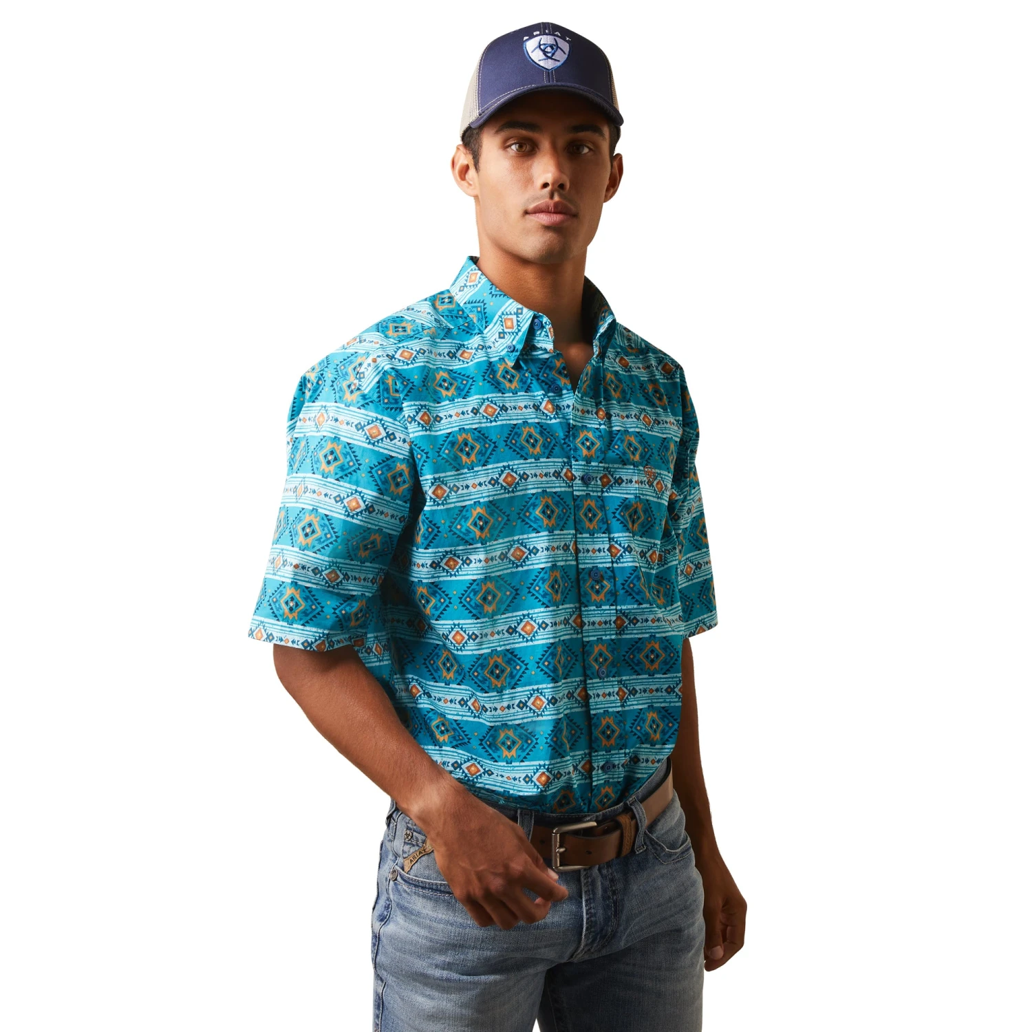 Ariat® Men's Konner Enamel Blue Aztec Print Button Down Shirt 10043638 1 Ariat® Men's Konner Enamel Blue Aztec Print Button Down Shirt 10043638