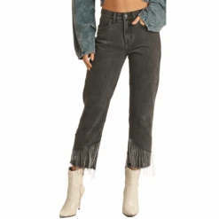 Rock & Roll Denim Ladies High Rise Chain Fringe Straight Cropped Jeans RRWD9HRZQV