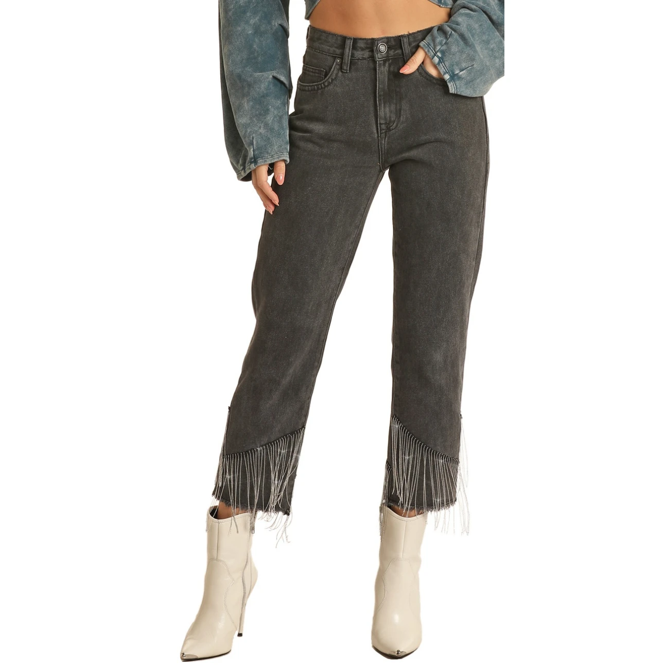 Rock & Roll Denim Ladies High Rise Chain Fringe Straight Cropped Jeans RRWD9HRZQV 1 Rock & Roll Denim Ladies High Rise Chain Fringe Straight Cropped Jeans RRWD9HRZQV