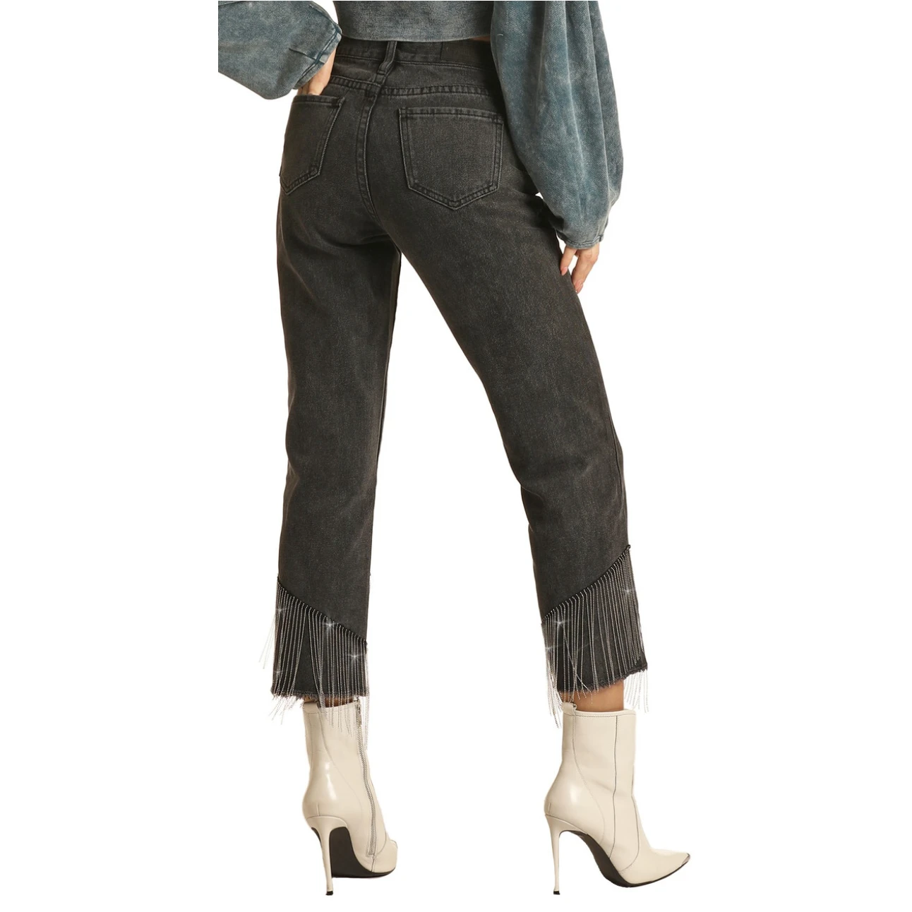 Rock & Roll Denim Ladies High Rise Chain Fringe Straight Cropped Jeans RRWD9HRZQV 2 Rock & Roll Denim Ladies High Rise Chain Fringe Straight Cropped Jeans RRWD9HRZQV - Image 2