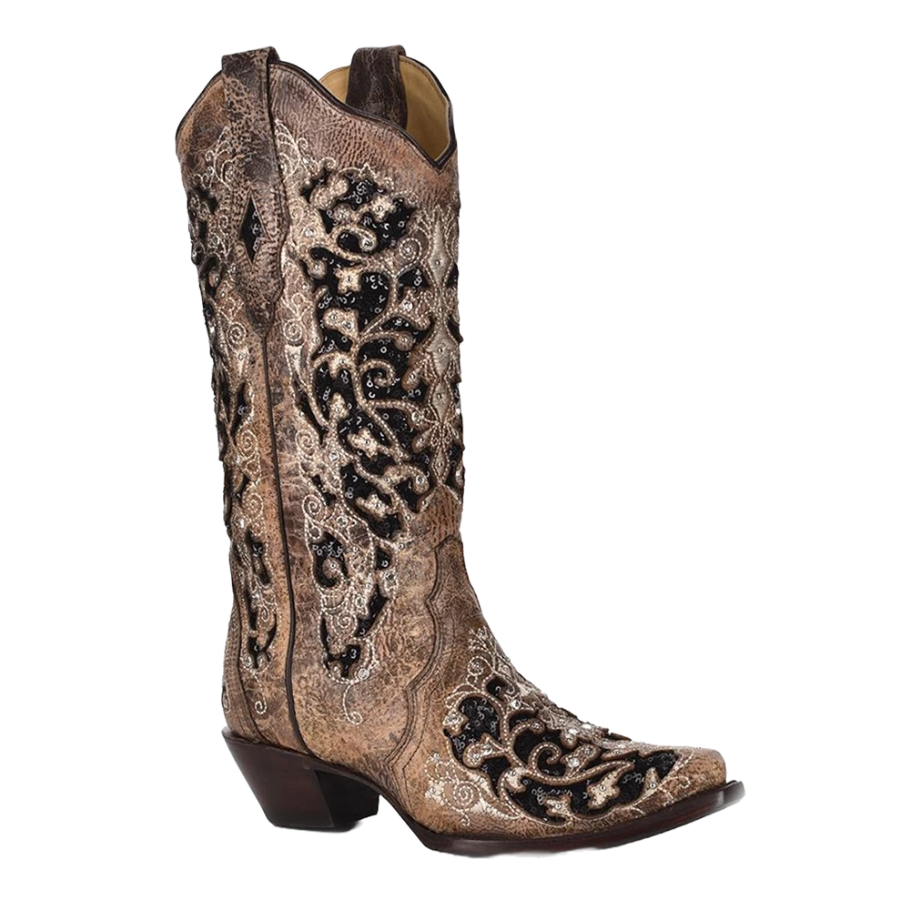Corral Boots Corral Ladies Ashley Brown Floral & Black Sequin Inlay Boots A3569 2 Corral Boots Corral Ladies Ashley Brown Floral & Black Sequin Inlay Boots A3569 - Image 2